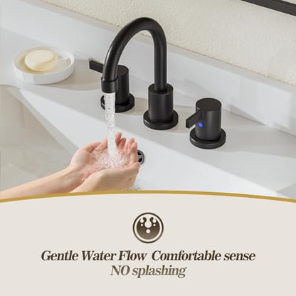 8 Inch 3-Hole Matte Black Widespread Bathroom Sink Faucet with Valve and Metal Pop-Up Drain Assembly, 2-Handle Low-Arch Bathroom Faucets Three Hole, WF15-1-MB