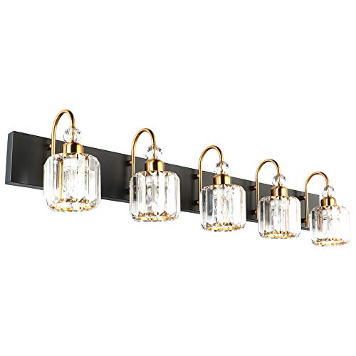 Ralbay Modern LED Bathroom Vanity Lights 5-Lights Crystal Vanity Lights Over Mirror Modern Black Bathroom Vanity Lighting Fixtures - color: Round-Black+Gold, size: 5-light