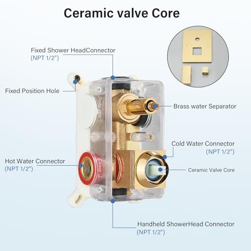 Polished Gold Shower System 12 Inch LED Square Rainfall Shower Head Ceiling Mount Shower Faucet Set with Hand Sprayer Rough-in Valve Trim Kit Bathroom Mixer Shower Combo Set - color: Gold, style: 12"-led