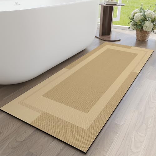 Non Slip Bath Mat Long Ultra Thin Bathroom Rugs Runner Fit Under Door | Quick Dry Absorbent Washable Rubber Backing Bath Rug Shower Bathroom Floor Mat for Sink Bathtub Shower Entrance Brown 17"x59" - color: A- Brown, size: 17” x 59“