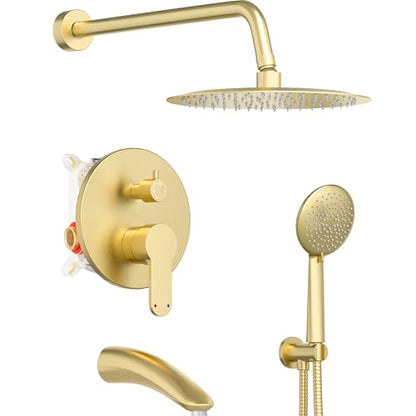 Gabrylly Shower System with Tub Spout, Bathtub Shower Faucet Set with 12" Rain Shower head and 5-Setting Handheld Shower, Wall Mounted Shower Fixtures with Pressure Balance Shower Valve, Brushed Gold - color: Brushed Gold, style: 12 Inches-With Tub Spout