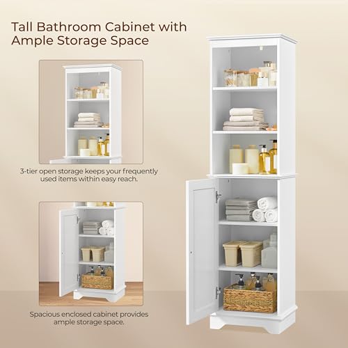 Yaheetech Tall Narrow Bathroom Storage Cabinet with Door and Shelves, White | Linen Closet for Towels, Toiletries and Laundry, Open Display Shelves, Hidden Adjustable Shelf, MDF, 60''H x 16''W x 12''D - style: 1 Door + 3 Open Compartments