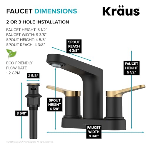 KRAUS Indy Centerset Bathroom Faucet in Spot-Free Brushed Brass/Matte Black with 2 Handles, Pop Up Drain and Supply Lines, FUS-14102SFBBMB - color: Spot Free Brushed Brass/Matte Black, style: Centerset