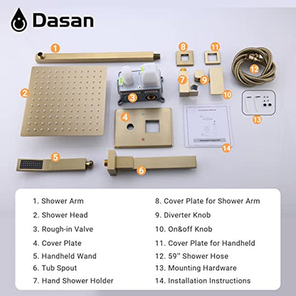 DASAN Tub Shower Faucets Sets Complete Brushed Gold Bathtub Shower System with Tub Spout, Bathtub Faucet Set Tub and Shower Faucet Combo Trim Kit with Rough-in Valve, DA-SS03BG-S10W - color: Brushed Gold