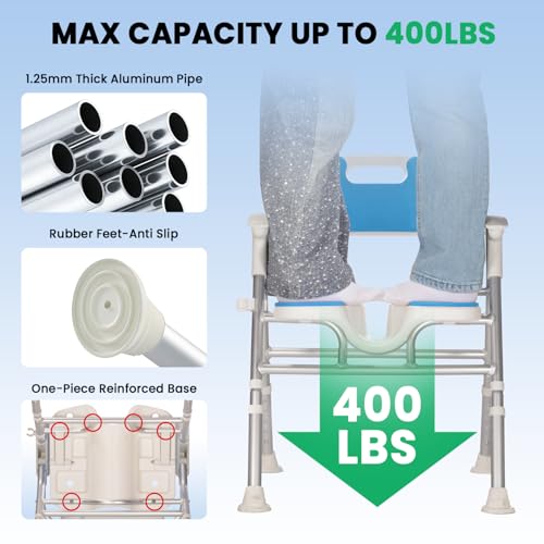 Heavy Duty Foldable Shower Chair for Elderly and Disabled, 500 LB Capacity | Adjustable Bath Seat for Inside Shower with Arms and Back, Extra Wide Shower Stool with Suction Feet