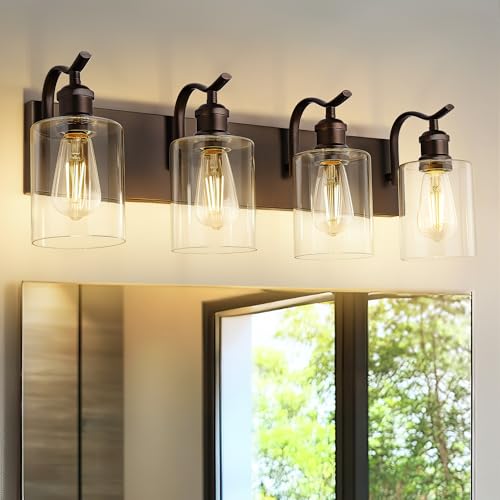 4 Light Bathroom Vanity Light, Morden Bathroom Vanity Lights Over Mirror Oil Rubbed Bronze Wall Sconce Light with Clear Glass Shade ZCVL01ORB-4 - color: Oil-Rubbed Bronze & Clear Glass, size: 4 LIGHT