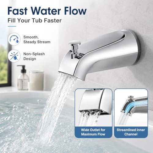 Universal Bathtub Tub Spout with Diverter,Fits 1/2" Copper Piper (5/8" Diameter) Connection, Pull Down Bathroom Tub Faucet Replacement with Adapters,Easy Installation (Chrome)