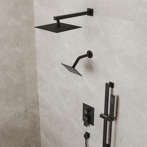 10" High-Pressure Rainfall Shower Faucet with Handheld Spray, Wall Mount Dual Shower Head System with Slide Bar (Matte Black) - color: Black, style: Wall Mount-with Slide Bar