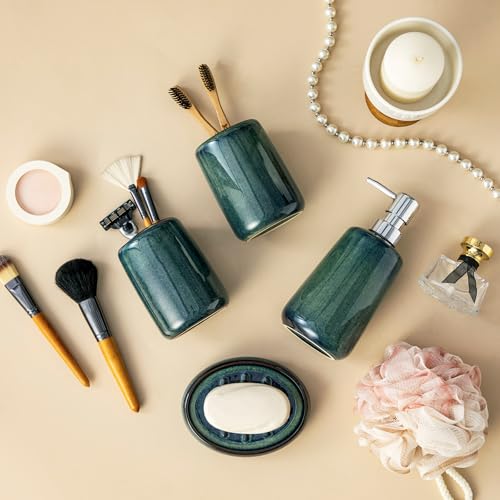 vancasso Green Bathroom Accessories Set, Ceramic Soap Dispenser and Toothbrush Holder Sets, Stoneware 4 Pcs Bathroom Sink Set for Modern Home Decor, Series Starry - style: Green
