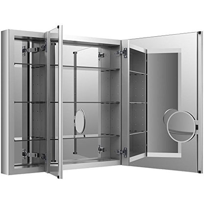 Kohler 99011-NA Verdera® Three-Door Bathroom Medicine Cabinet with Mirror, Recessed or Surface-Mount Bathroom Wall Cabinet, Slow-Close Doors, 40 in. W x 30 in. H - size: 40" W x 30" H, style: Magnifying Mirror + Slow Close