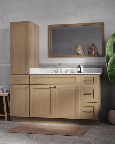63" Bathroom Vanity with Linen Storage Tower and 4 Drawers, Carrara Quartz Top and Ceramic Sink, Left or Right Tower Option, Solid Wood Frame, 64" x 22" x 72" (Natural Oak, Left Tall Cabinet) - color: Natural Oak