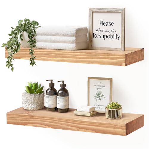 Solid Wood Floating Shelves, 17 Inch Wall Shelves, Set of 2, Oak | 8 Inch Deep, 1.6 Inch Thick, Extra-Wide Display Space, Mounting Hardware Included, For Kitchen, Bathroom and Living Room - color: Oak, size: 17x8x1.6