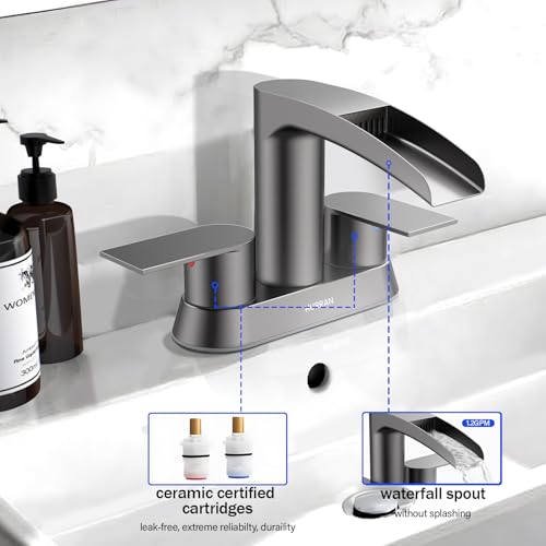 Bathroom Sink Faucet for 3 Hole, Hurran 4 Inch Bathroom Faucets with Pop-up Drain, Stainless Steel 2-Handle Waterfall Faucet for Bathroom Sink, Brushed Grey - color: Brushed Grey