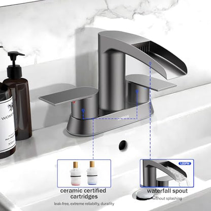 Bathroom Sink Faucet for 3 Hole, Hurran 4 Inch Bathroom Faucets with Pop-up Drain, Stainless Steel 2-Handle Waterfall Faucet for Bathroom Sink, Brushed Grey - color: Brushed Grey