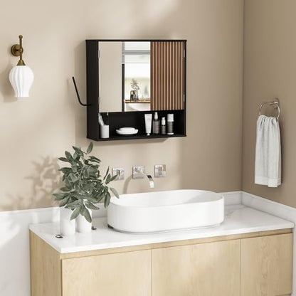 Bathroom Cabinet with Mirror & LED, Wall Mounted Bathroom Cabinet,Side Hook | Magnetic mirror Door,Detachable magnetic Light ,Adjustable Shelves,Side Hook,Open Bottom Shelf,Wood Grain,Over Toilet Mount - color: Black&walnut
