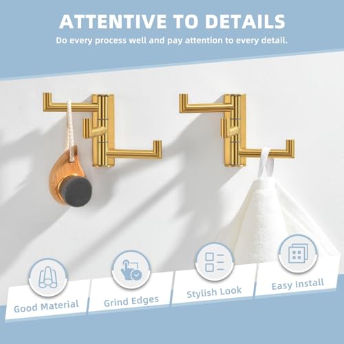 Suyar Brushed Gold Towel Hook, Bathroom Swivel Coat Robe Holder with 3 Arms | SUS304 Stainless Steel, Wall Mounted, 2 Pack - color: Brushed Gold, size: 2 Pack