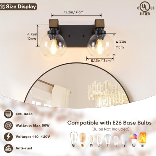 Farmhouse Bathroom Vanity Light, 2-Light Wood Bathroom Light Fixtures Over Mirror, Black Vanity Lighting Fixtures with Glass Shades, Rustic Bathroom Lighting for Living Room Bedroom Hallway - size: 2-Light