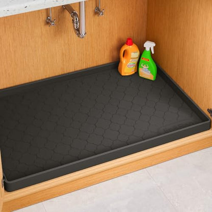 Jin&Bao Under Sink Mat 28" x 19" Waterproof Silicone Cabinet Kitchen Liner | Silicone under kitchen sink mat,cabinet protector,bathroom shelf liner,raised edge,anti-slip,easy to clean & dishwasher safe - color: Black, size: 19"w x 28"l