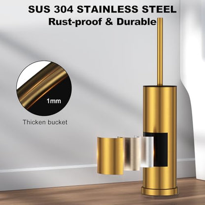 Brushed Gold Toilet Brush and Holder Set，Stainless Steel Heavy Duty Toilet Bowl Brush，Extra Long Handled Modern Toilet Cleaner Brush with Replaceable Head, Removable Inner Bowl, and Splash Protection - color: Brushed Gold, size: 1 Pack