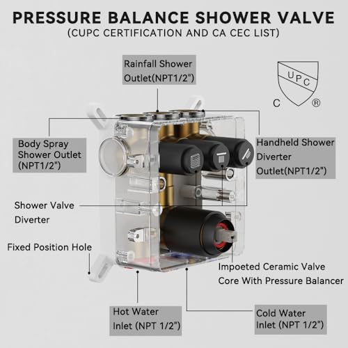 Shower Faucet Set Matte Black Shower System,STARBATH Push Button Diverter Shower Set with 2 in 1 Handheld,Can Use All at Once, 12 Inch Rainfall Shower and 6 Inch Wall Mount Shower Head - color: Matte Black, size: 6+12 inch-09