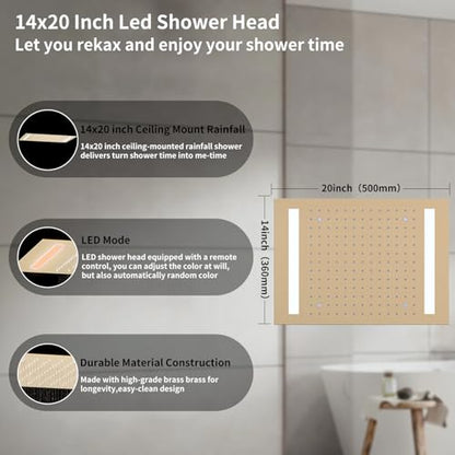 Shower Faucet Set Ceiling 20x14 inch LED Shower Head, Temperature Display Thermostatic Shower Valve, and Two 8-inch Wall Mounted Shower Heads Handheld Combination (Brushed Gold) - color: Brushed Gold
