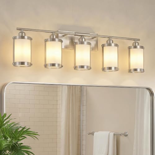 5-Light Brushed Nickel Bathroom Light Fixtures Over Mirror with Frosted Milk Glass and Metal Cage Shade, 38" UL-Listed Modern Farmhouse Wall Sconce for Bath, Hardwire E26, OS-3014BNW-5W - color: Nickel + Milk Glass, size: 5-Light, 38.5" L