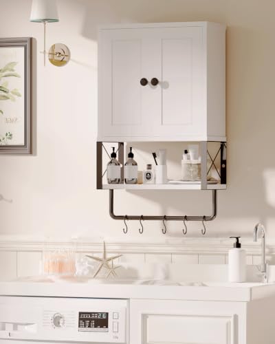 Bathroom Wall Cabinet, White Medicine Cabinet with Towel Rack | 2 Doors & Adjustable Shelves 2 Hooks, above toilet storage cabinet, for Bathroom Laundry Room, Living, Kitchen UXYYG024W