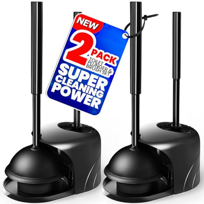 2Pack 2 in 1 Toilet Brush and Plunger Set, Extended Handle Plunger,Toilet Bowl Brush Plunger Set,Bathroom Cleaning Tools,Cleaning Brush,Toilet Brush Plunger Combo(Bright Black) | Heavy Duty Rubber Toilet Bowl Cleaner, Apartment Must Haves Bathroom Decor A
