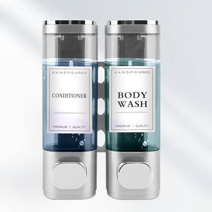 Shampoo and Conditioner Dispenser, 2 Chamber 300ml, Wall Mounted, Sliver | Shower Soap Dispenser, Refillable Hand Soap Dispensers, Body Wash Dispenser for Bathroom, Kitchen, Hotel, Home - color: Silver, size: 2 Chamber