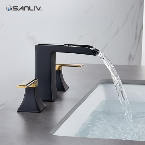 Two-Tone Black and Gold Bathroom Faucet, Sanliv 2-Handle Widespread Bathroom Faucet for 3-Hole Sinks 4-8 Inch, 3-Piece Waterfall Vanity Faucets with Pop-Up Drain, Black and Gold - color: Black and Gold