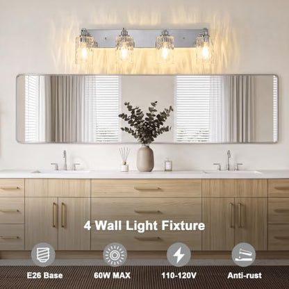 4-Light Bathroom Light Fixtures Modern Chrome Vanity Lights | Easy to Install Clear Hammered Glass Shades, Rippled Glow, Wall Mount Up or Down, E26 Socket, Hardwired, 120V - color: Chrome Hammer, size: 4 Lights