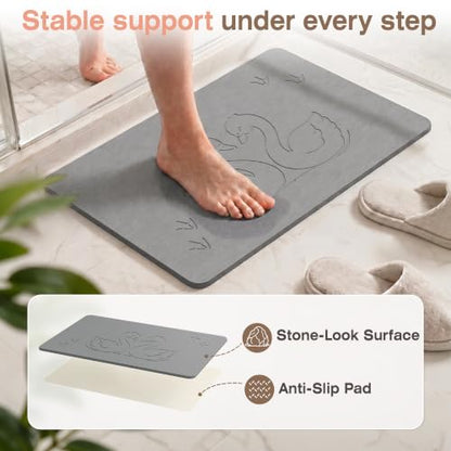 AWW Stone Bath Mat, Diatomaceous Earth, Swan Pattern | Quick-dry diatomaceous earth, One-piece stone mat, Non-slip underpad, Easy clean, animal pattern.