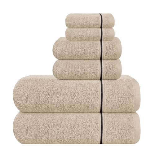 MyOwn Ultra Soft 6 Pack Cotton Towel Set, Contains 2 Bath Towels 28x55 inch, 2 Hand Towels 16x24 inch & 2 Wash Coths 12x12 inch, Ideal Everyday use, Compact & Lightweight - Tan - color: Tan, size: 6 Piece Set