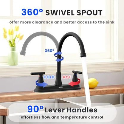HURRAN 2 Handle Kitchen Sink Faucet, 8 Inch High Arc 360°Swivel Kitchen Sink Faucet, 3 Hole Kitchen Faucet Without Side Sprayer, Centerset RV Kitchen Faucet with Stainless Steel Pipe, Black - color: Black, style: Without Side Sprayer