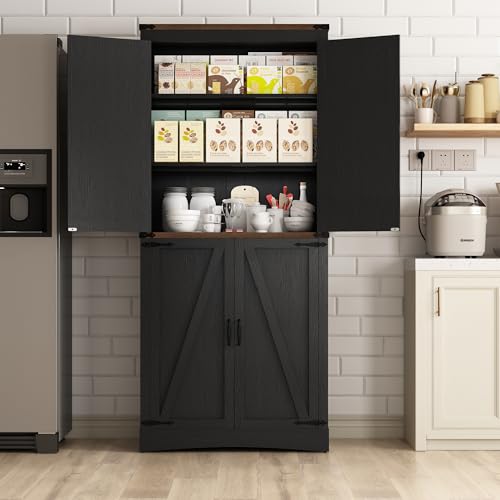Hlivelood 71" Tall Kitchen Pantry,Farmhouse Storage Cabinet with Adjustable Shelves,Load-Bearing Steel Pipe,Farmhouse Pantry Cabinet with 4 Barn Doors,for Kitchen,Dining Room,Living Room(Black) - color: Black