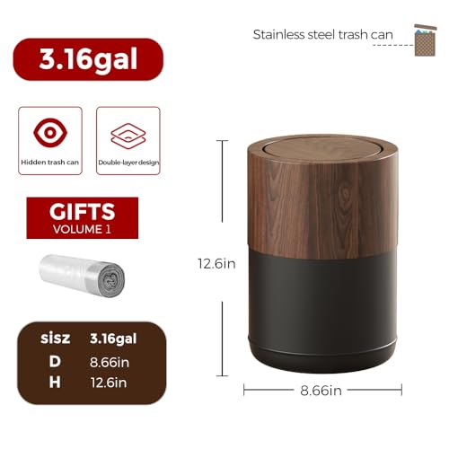 3.1 GAL Modern Metal Trash Can with Realistic Wood Texture,Built-in Bag Holder,Flip Lid,Small Bathroom Garbage Can for Bathroom,Home,Office,Living Room (3.1gal Swing lid) - color: 3.1gal swing lid