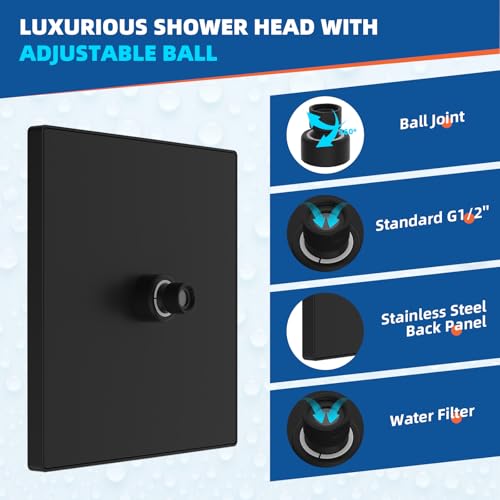 Hibbent cUPC Certified High Pressure 10'' Rain Shower Head, Matte Black | Metal Square Bathroom Waterfall Thickness Shower Heads, High-flow Fixed Rainfall Showerheads, Adjustable Brass Ball Joint - color: Matte Black, style: Square 10''