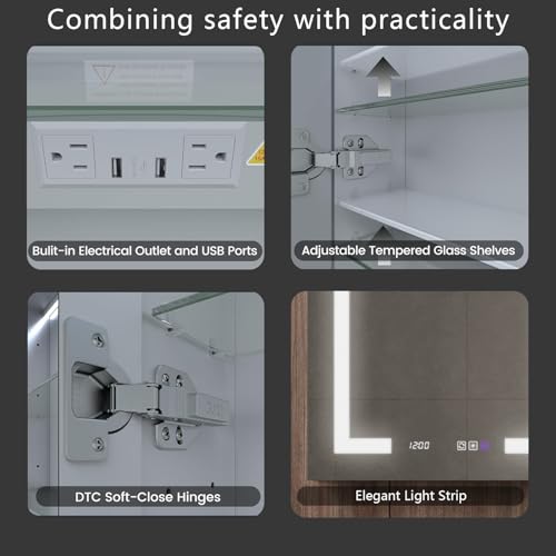 42" W Smart Lighted Medicine Cabinet with Mirror for Bathroom, Recessed/Surface Mount Medicine Cabinet with Anti-Fog, 1800W Charging Station, USB Ports, 3 Color Lights