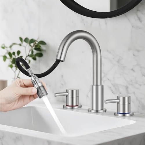 Pull-Down Bathroom Faucet 3 Hole 8 Inch with Pop-Up Drain,Brushed Nickel | 1 - color: Brushed Nickel
