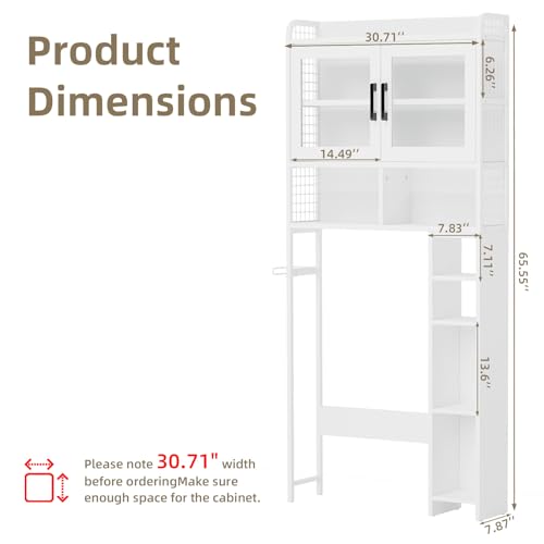 DHZ Over the Toilet Storage Cabinet, 65.55" H Bathroom Space Saver Organizer, 6 Movable Hooks & Paper Holder, Toilet Shelf for Restroom, Laundry, White