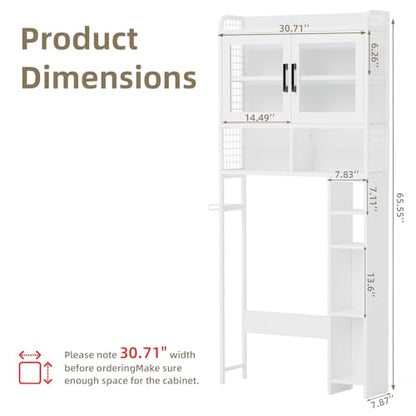 DHZ Over the Toilet Storage Cabinet, 65.55" H Bathroom Space Saver Organizer, 6 Movable Hooks & Paper Holder, Toilet Shelf for Restroom, Laundry, White