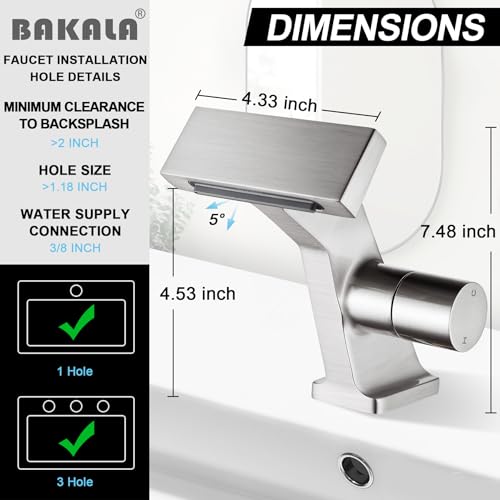 BAKALA Bathroom Sink Faucets Brushed Nickel, Waterfall Bathroom Faucet 1 Hole, Single Handle Brass Bathroom Faucet Deck Mount with 2 Supply Hoses for Basin Lavatory Vanity - color: Brushed Nickel