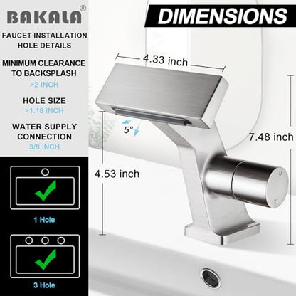 BAKALA Bathroom Sink Faucets Brushed Nickel, Waterfall Bathroom Faucet 1 Hole, Single Handle Brass Bathroom Faucet Deck Mount with 2 Supply Hoses for Basin Lavatory Vanity - color: Brushed Nickel