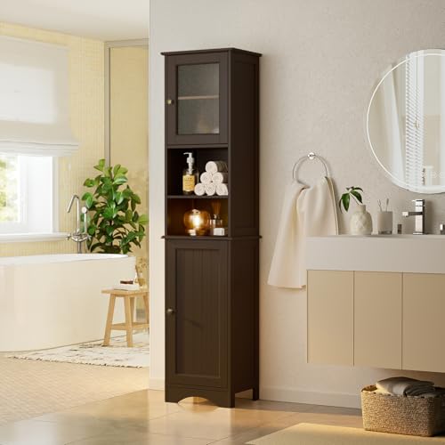 Gizoon Tall Bathroom Storage Cabinet | Freestanding Linen Cabinet with Two-Way Doors, Adjustable Shelves, for Home, Kitchen, Living Room, Dark Brown - color: Dark Brown