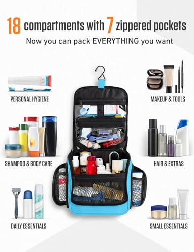 VENTURE 4TH Hanging Travel Toiletry Bag, 18 Compartments - Light Blue | Hangs on rails, hooks or doors; stands upright. Removable TSA pouch. Water-resistant Nylon 290D Twill, reinforced stitching. - color: Light Blue