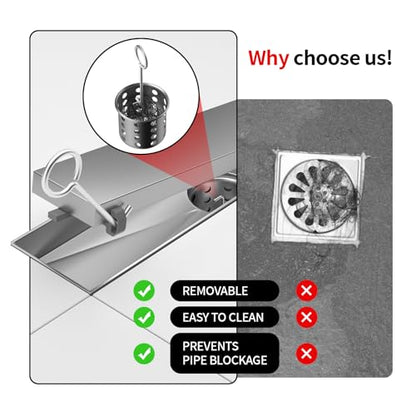 Linear Shower Drain, 304 Stainless Steel with Adjustable Leveling Feet, Hair Strainer,Reversely Install Place to Create an Invisible Floor Drain - Silver -16-Inch - color: Silver, size: 16inch