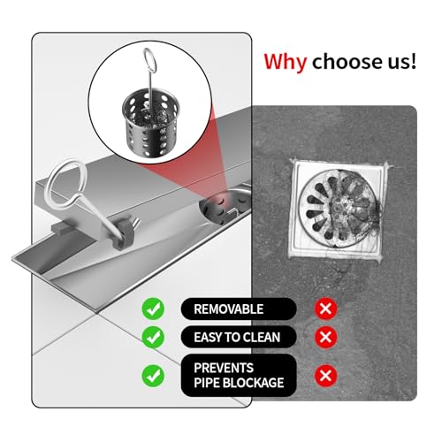 Linear Shower Drain 54inch，Silver 304 Stainless Steel Tile Insert Cover & Adjustable Leveling Feet Shower Floor Drain with Hair Catcher Fits Balcony Bathroom - color: Silver, size: 54inch