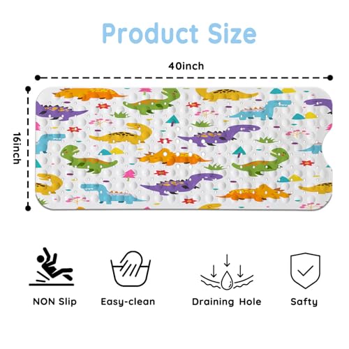 Bathtub Mats for Kids, Cartoon Dinosaur Bath Mat for Tub Non Slip, 40 X 16 Inch Large Washable Bathtub Mat Non Slip for Showers with Drain Holes and Suction Cups - color: Cartoon Dinosaur