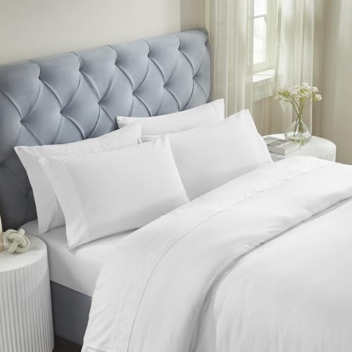 Superior Embroidered Cotton Bed Sheet Set, 1 Elastic Deep Pocket Fitted Sheet, 1 Flat Sheet, 2 Pillowcases, Daily Soft Sheets, Luxury, Unique Design, Chain Links Collection, King Size, White/White - color: White-white, size: King