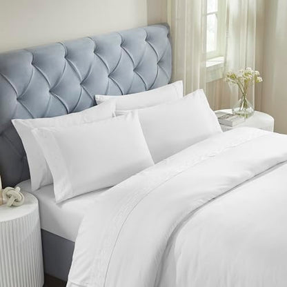 Superior Embroidered Cotton Bed Sheet Set, 1 Elastic Deep Pocket Fitted Sheet, 1 Flat Sheet, 2 Pillowcases, Daily Soft Sheets, Luxury, Unique Design, Chain Links Collection, King Size, White/White - color: White-white, size: King